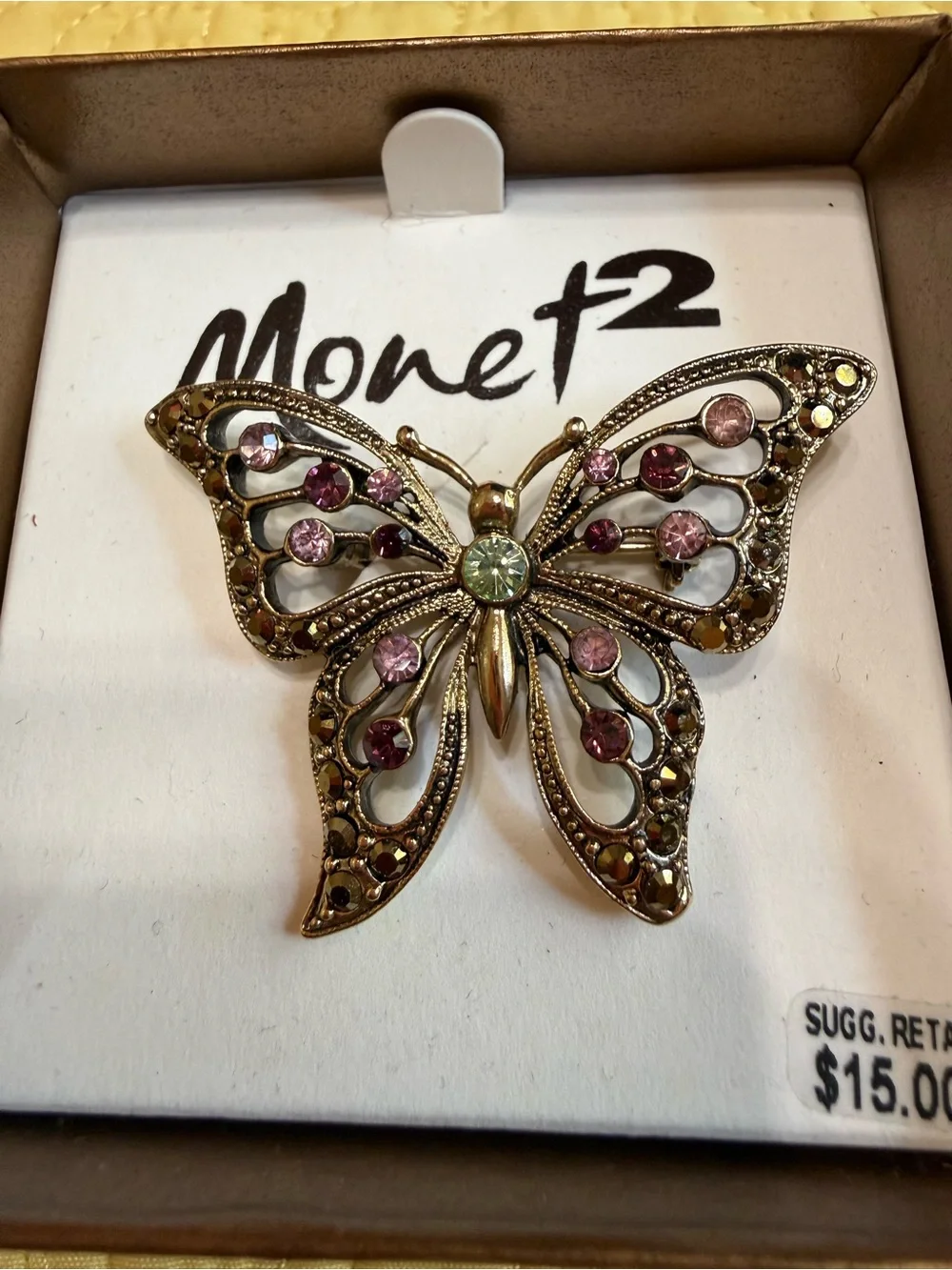 Monet Gold-Tone Butterfly Brooch Pin Pink and Purple Crystals
